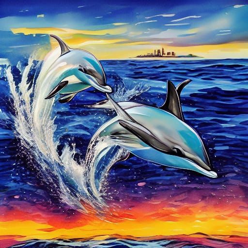 Playful Dolphins Leaping at Sunset in Watercolor