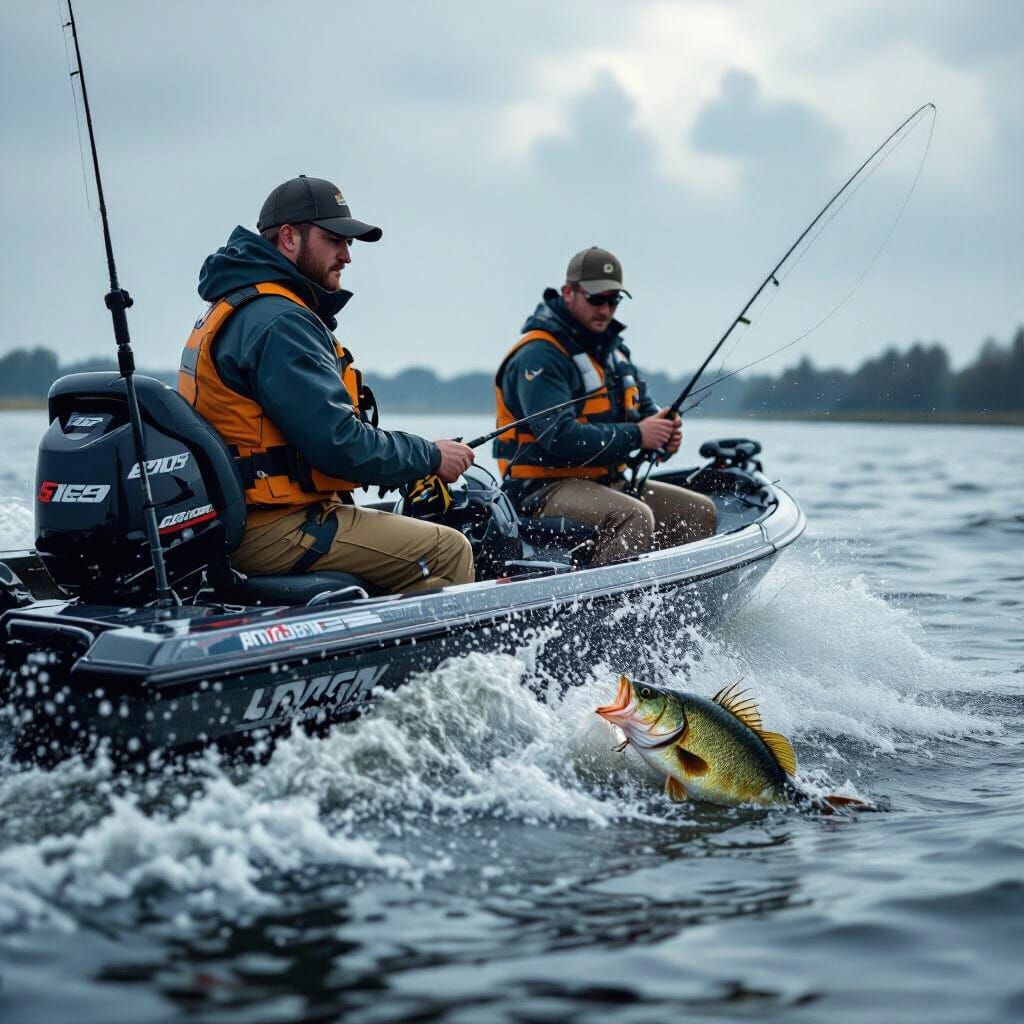 Bass Boat on Dutch Lake in Realistic Style