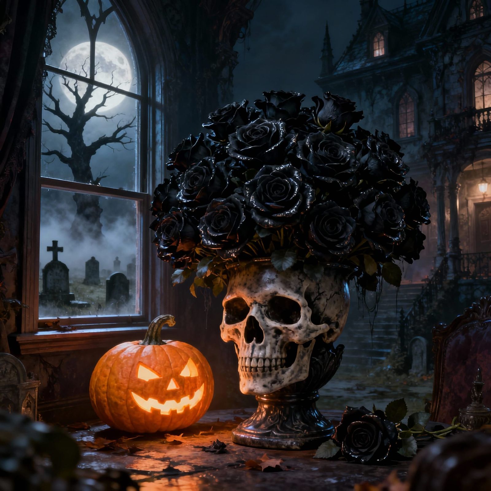 Gothic Mansion Halloween Scene with Black Roses and Graveyar...