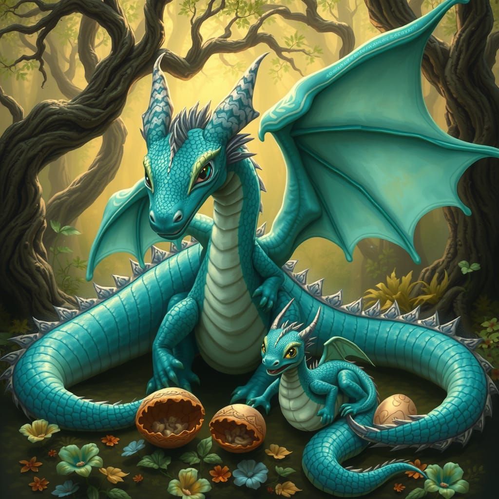 Majestic turquoise dragon with iridescent scales, delicate lace-like wings, and gentle expression, tenderly nurturing ba...