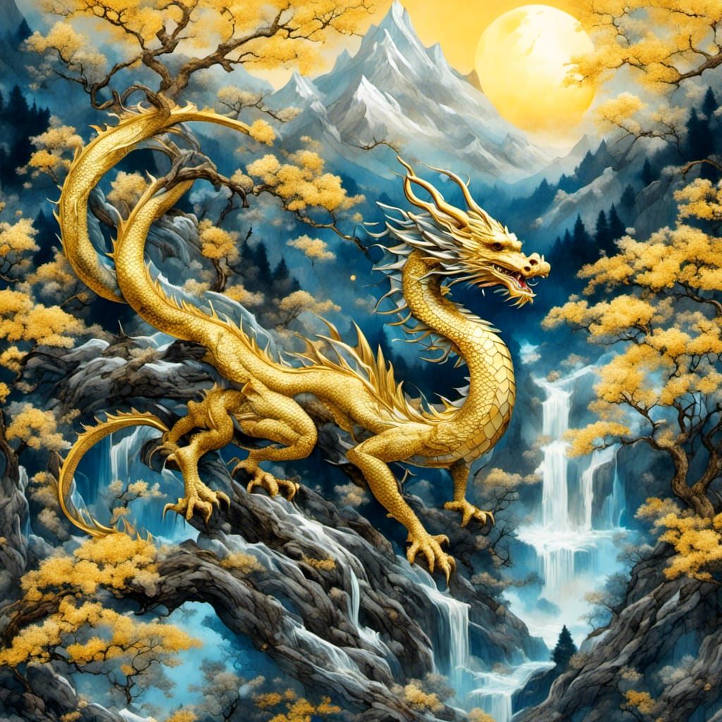 Iridescent Oriental Dragon Watercolor Landscape