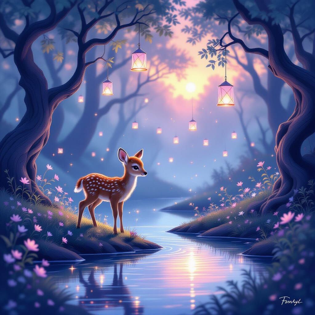 Magical Twilight Forest Scene with Fawn by Crystal Pond
