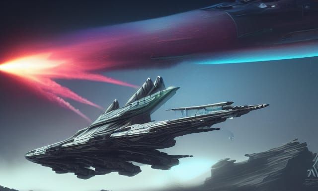 War Spaceship Firing: Detailed Cosmic Matte Painting