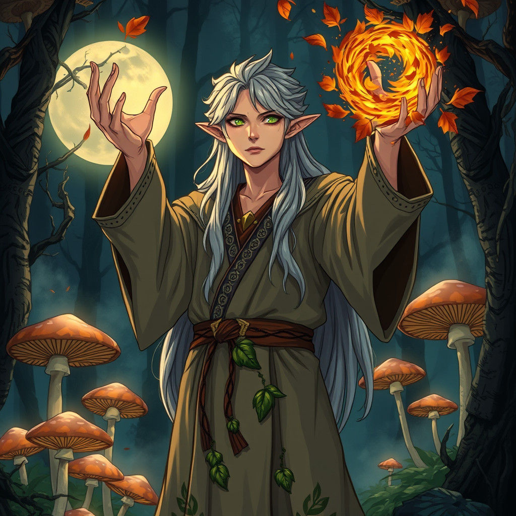 Half-Elven Druid Summons Autumn in Anime Style