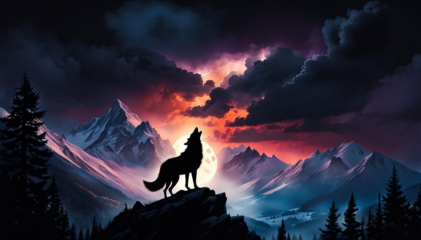 Epic Mountain Storm with Howling Wolves
