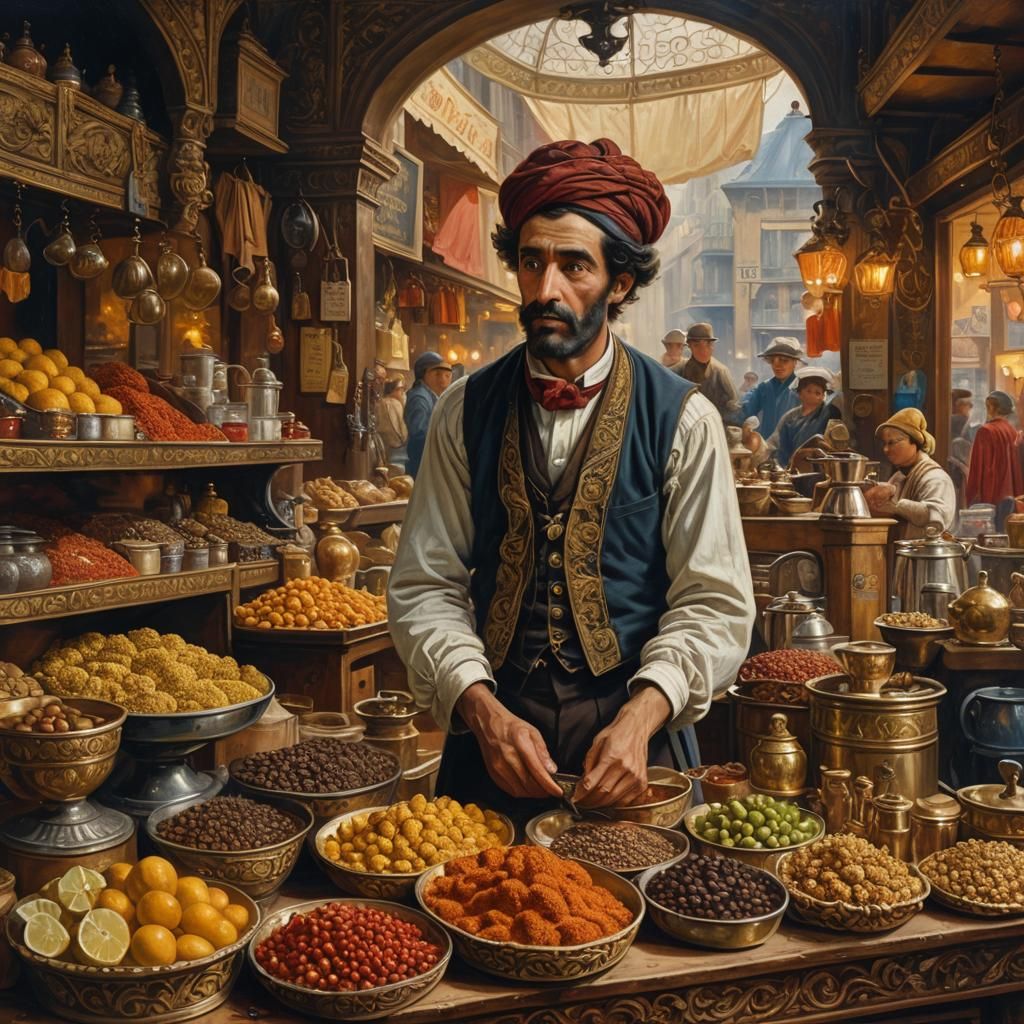 Parisian Coffee Seller: 19th Century Oil Painting