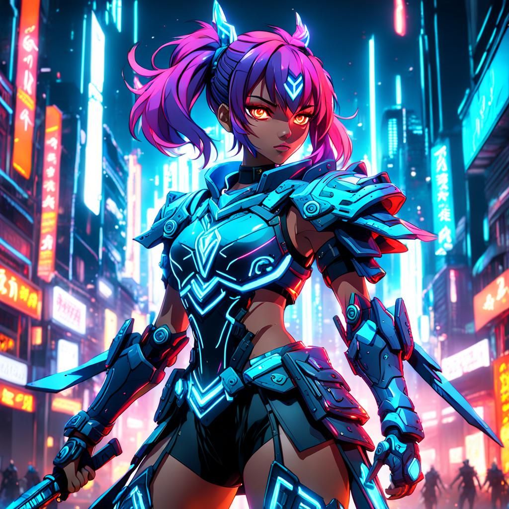 Neon Warrior Anime Girl in Detailed Digital Painting