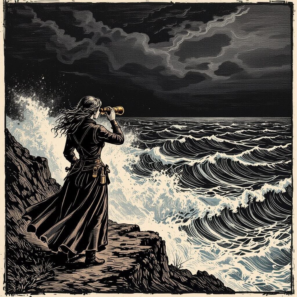 Solitary Woman on Windswept Cliff Overlooking Stormy Sea in ...