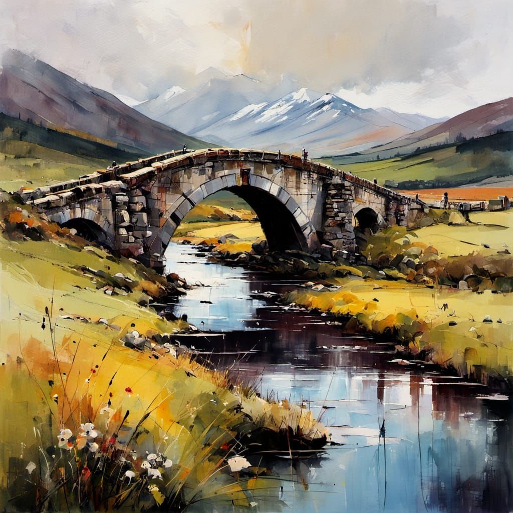 Ethereal Scottish Highlands Bridge in Expressive Abstract St...