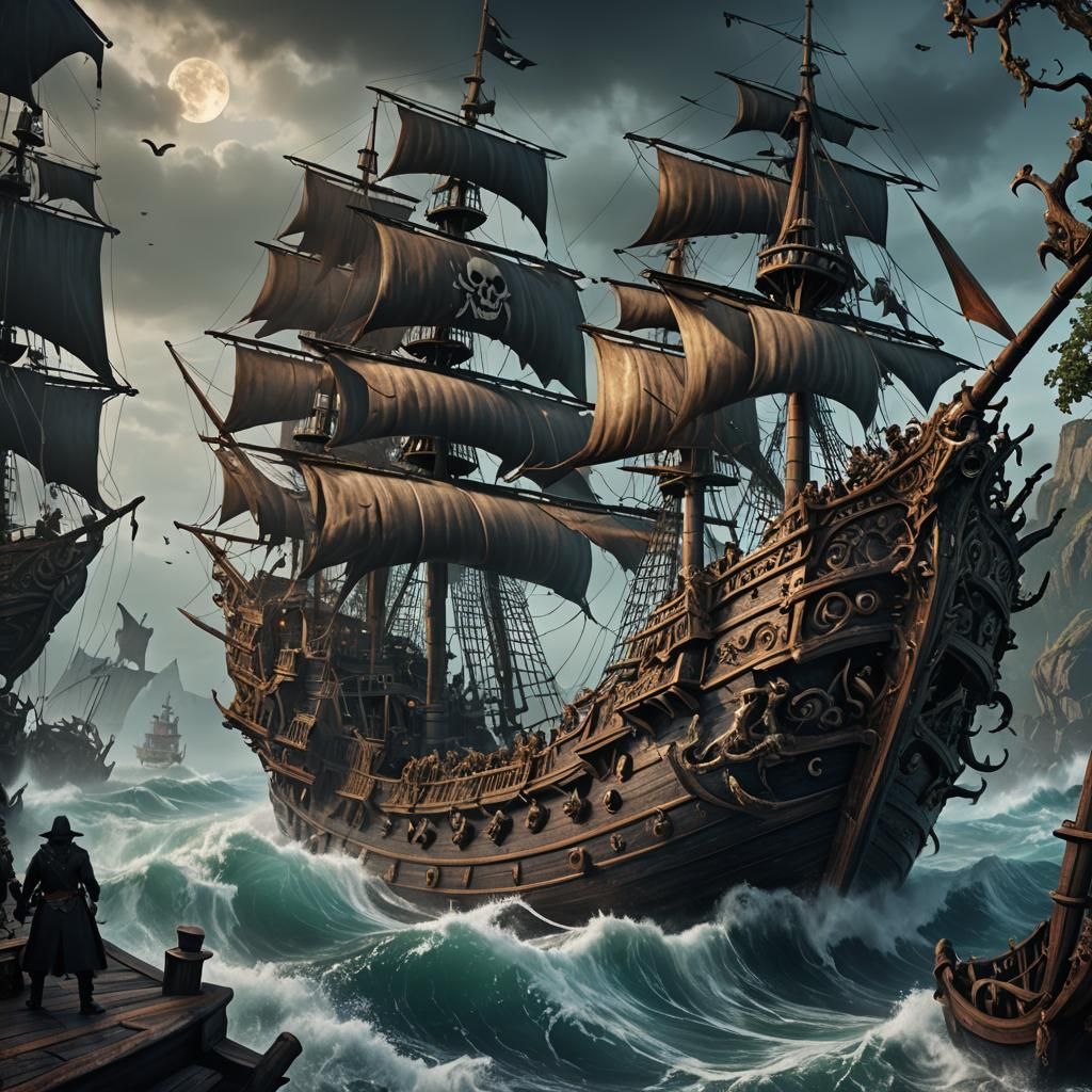 Gothic Pirate Ship with Sea Monsters, Detailed Matte Paintin...
