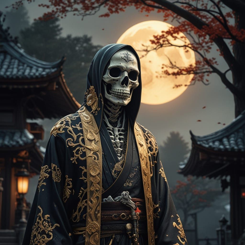 Majestic Skeleton Reaper in Golden Japanese Kimono