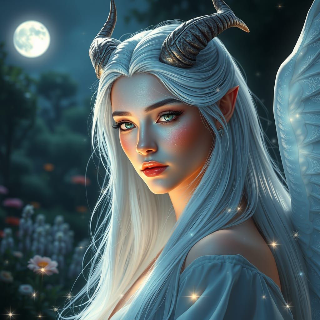 Glowing Goddess with Shimmering Makeup and Wings in a Fantas...