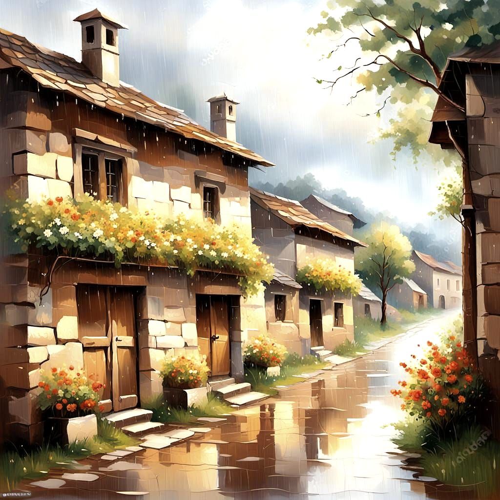 Picturesque Old Village Landscape in the Rain
