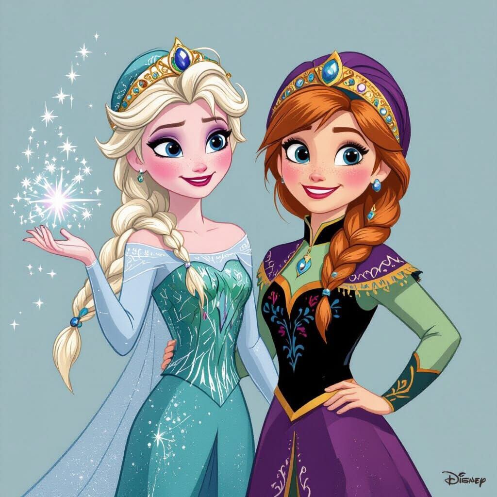 Elsa and Anna as Genies in Disney Animation Style