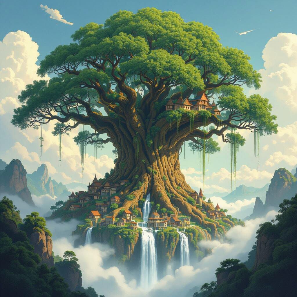 Colossal Ancient Tree Village Landscape
