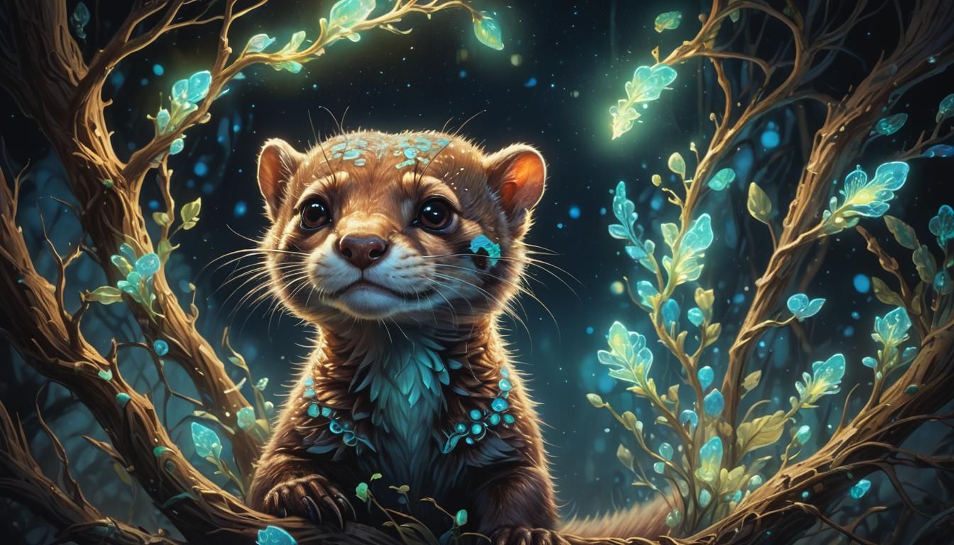 Bioluminescent Fantasy Weasel in the Dark
