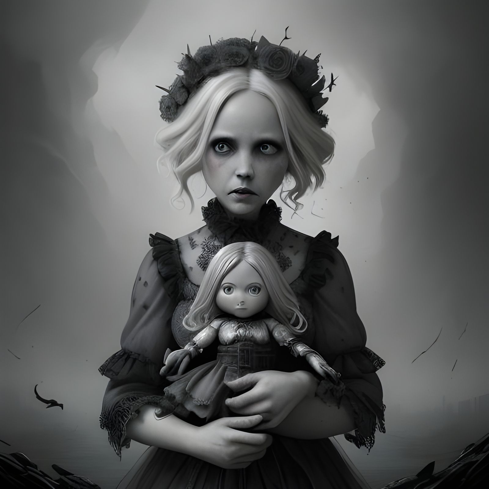 Haunted Doll in Detailed Black and White Fantasy