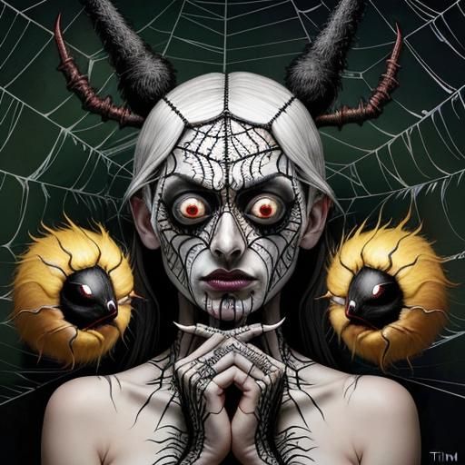 Pagan's Face with Spiderweb Eyes in Surreal Style