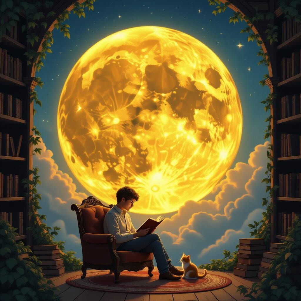 Glowing Moon Reveals Cozy Library Nook with Reader