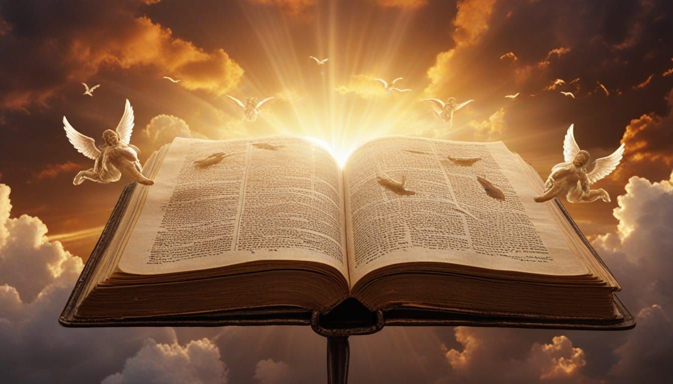 Ancient Bible with Glowing Angels in Sunlit Clouds