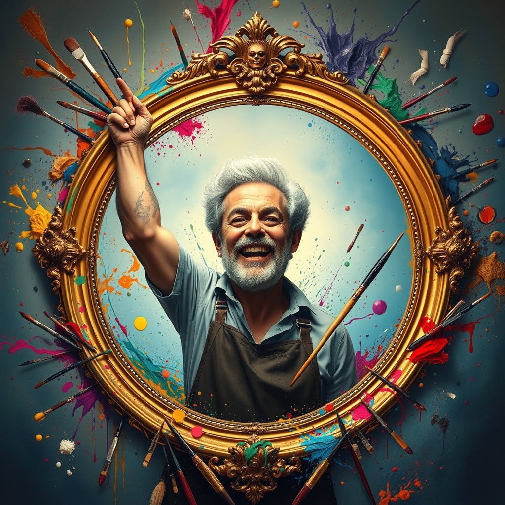 Triumphant Artist Portrait with Swirling Paint