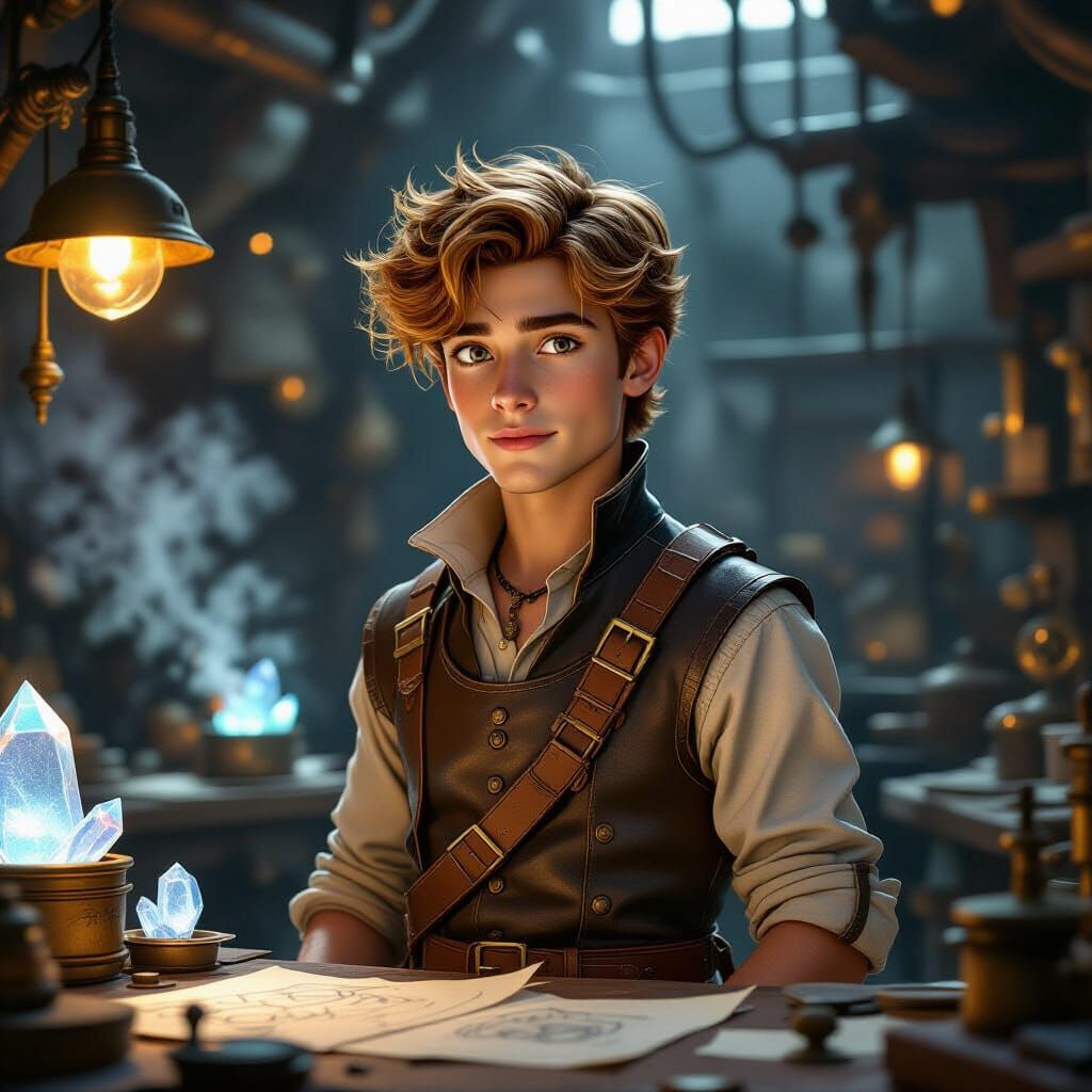 Young Nobleman in Steampunk Workshop, Anime Style