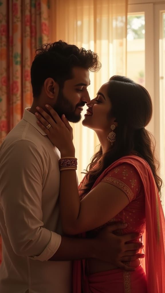 Intimate Indian Couple Kiss in Warm Lighting