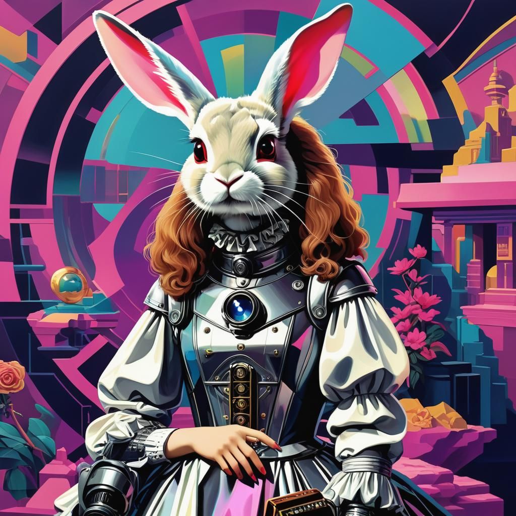 Rabbit Private Eye in Pre-Raphaelite Vaporwave Style
