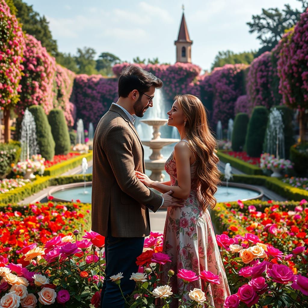 Romantic Lovers in a Flower-Filled Garden