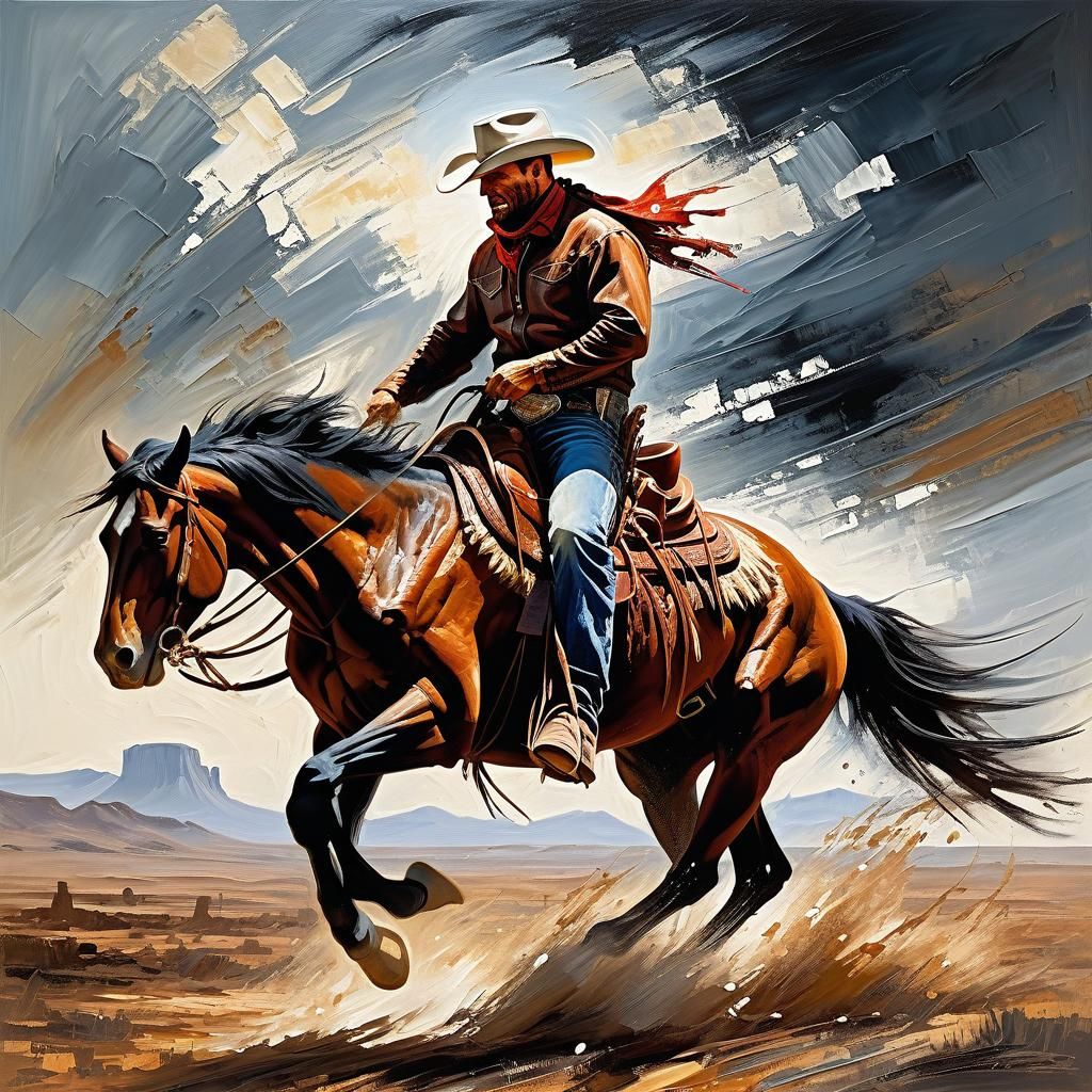 Cowboy on Horse in Impasto Style
