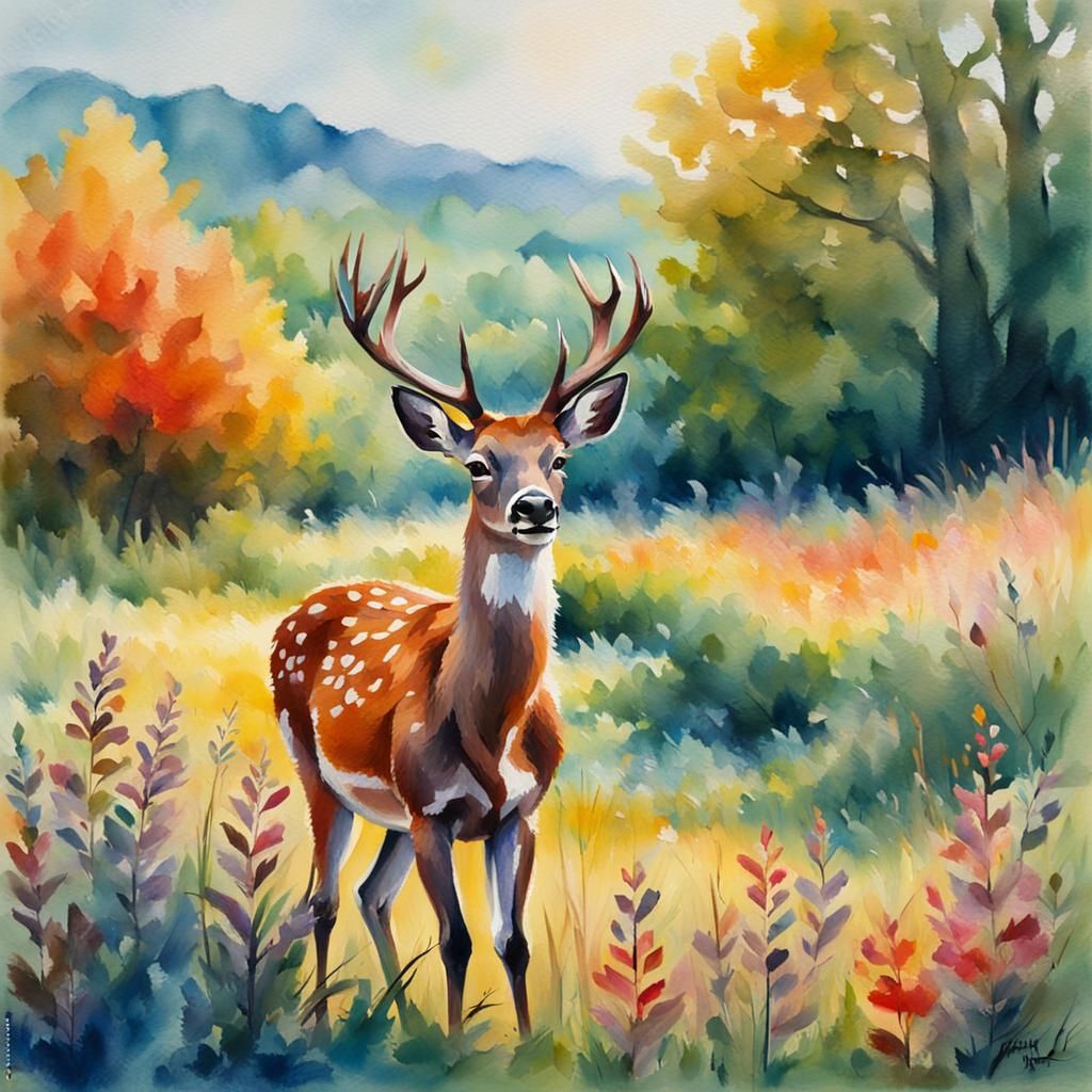 Deer in Summer Field: Gouache Watercolor Impressionism