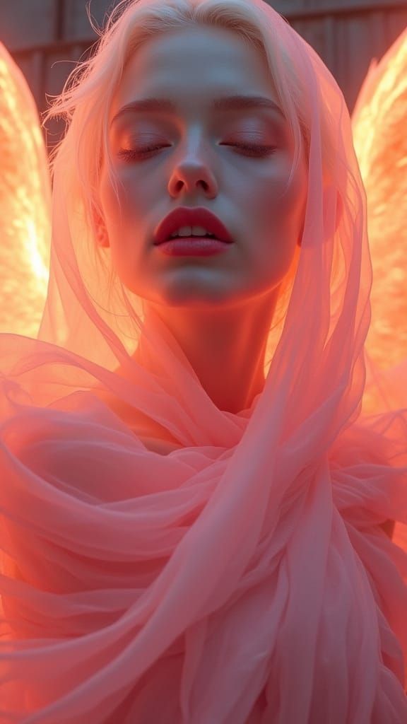Ethereal Angelic Woman in Flowing Pink Veils