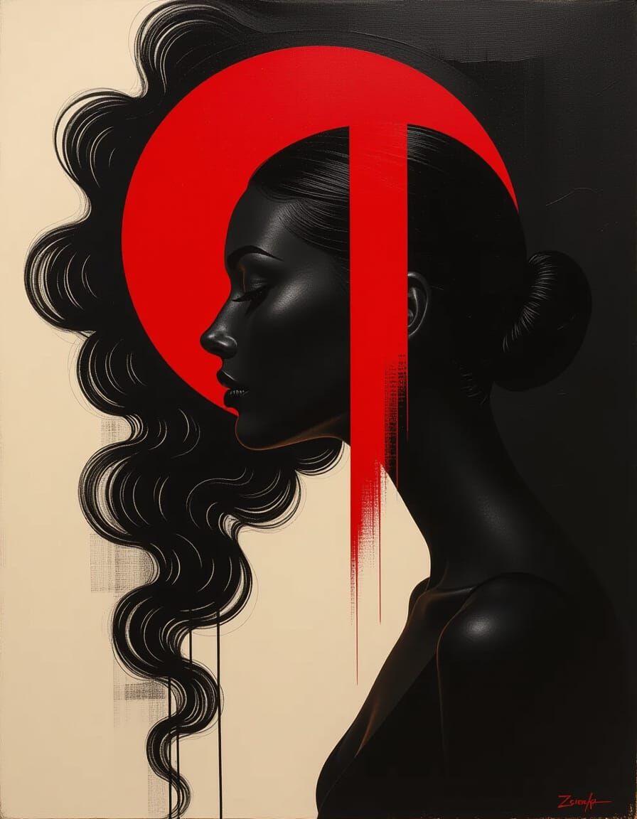 Abstract Portrait: Woman in Black with Red Stripe