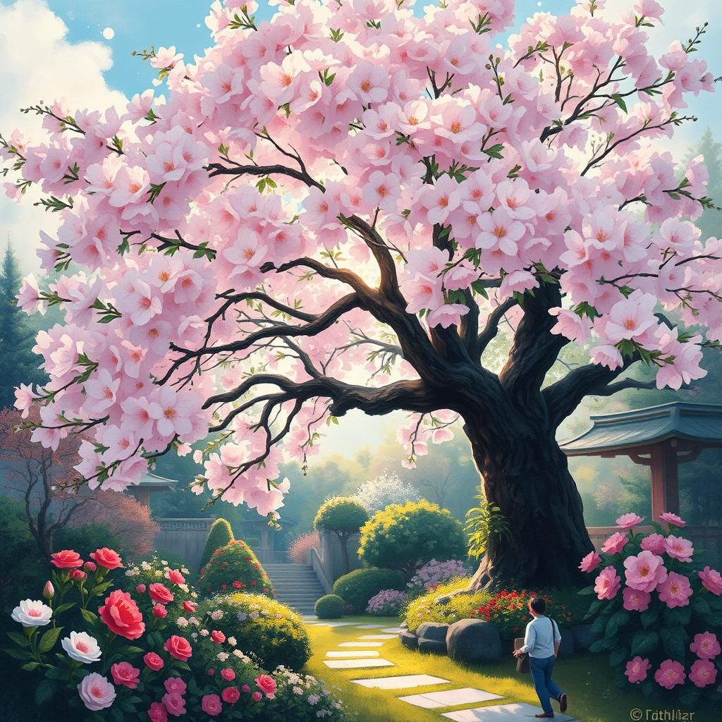 Cherry Blossom Dawn: An Impressionistic Japanese Garden
