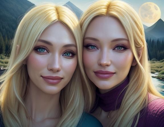 Blonde Woman's Ecstatic Smile in Colorful Landscape