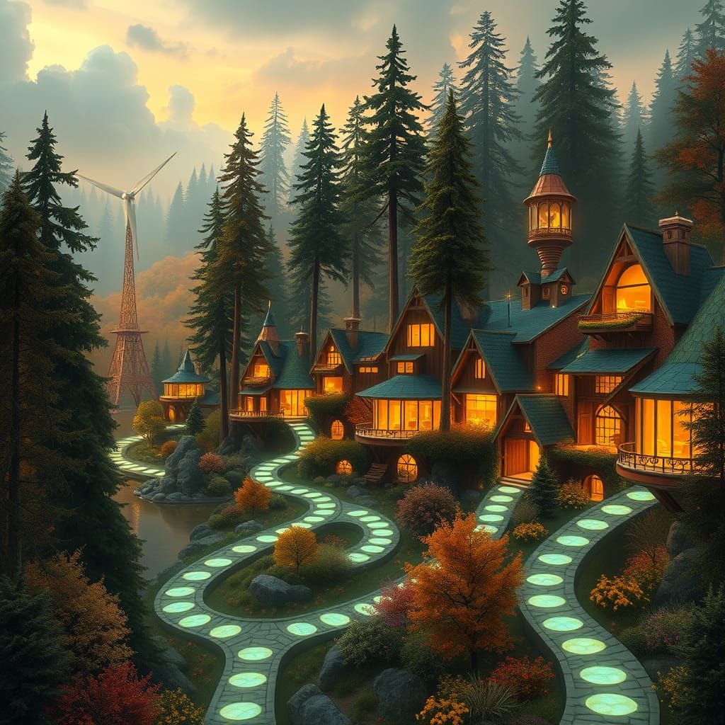 Whimsical Forest City Under Golden Glow