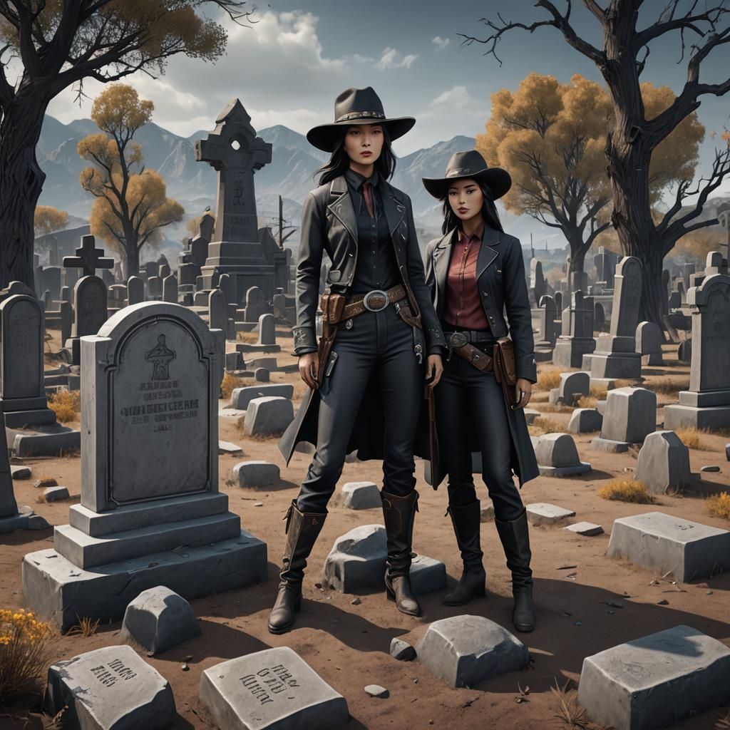 Korean cowgirl dressed in dark grey with pants, stands betwe...