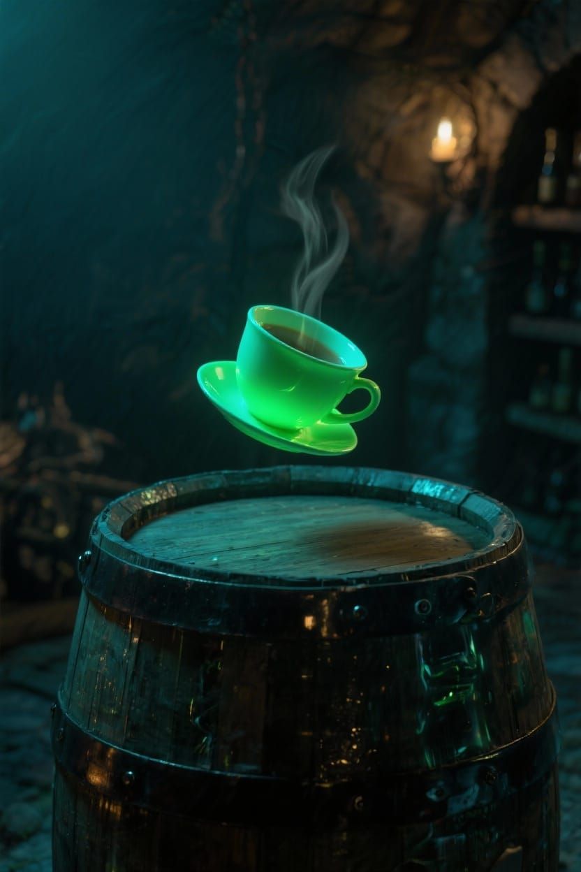 Glowing Teacup Rolls Over Wine Barrel in Dark Cellar