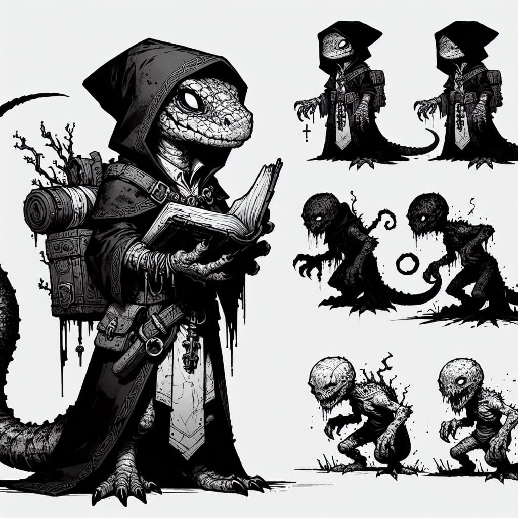 Menacing Lizardfolk Necromancer in Heavy Ink Style