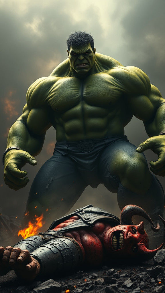 Hulk's Victory Over Hellboy in Smoky Battlefield