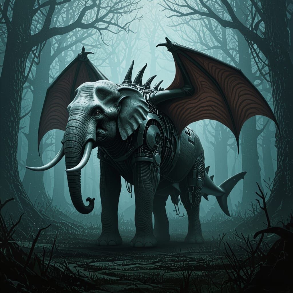 Biomechanical Elephant-Bat Creature in Dark Forest