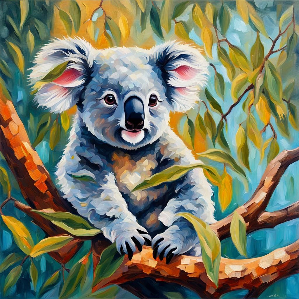 Cute Koala in Gum Tree: Expressionist Oil Painting