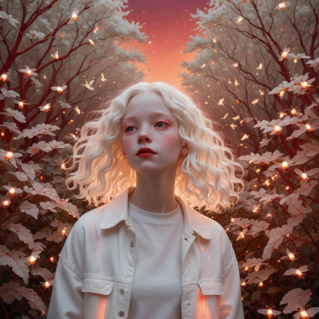 Albino Woman in Red Hedge with Fireflies