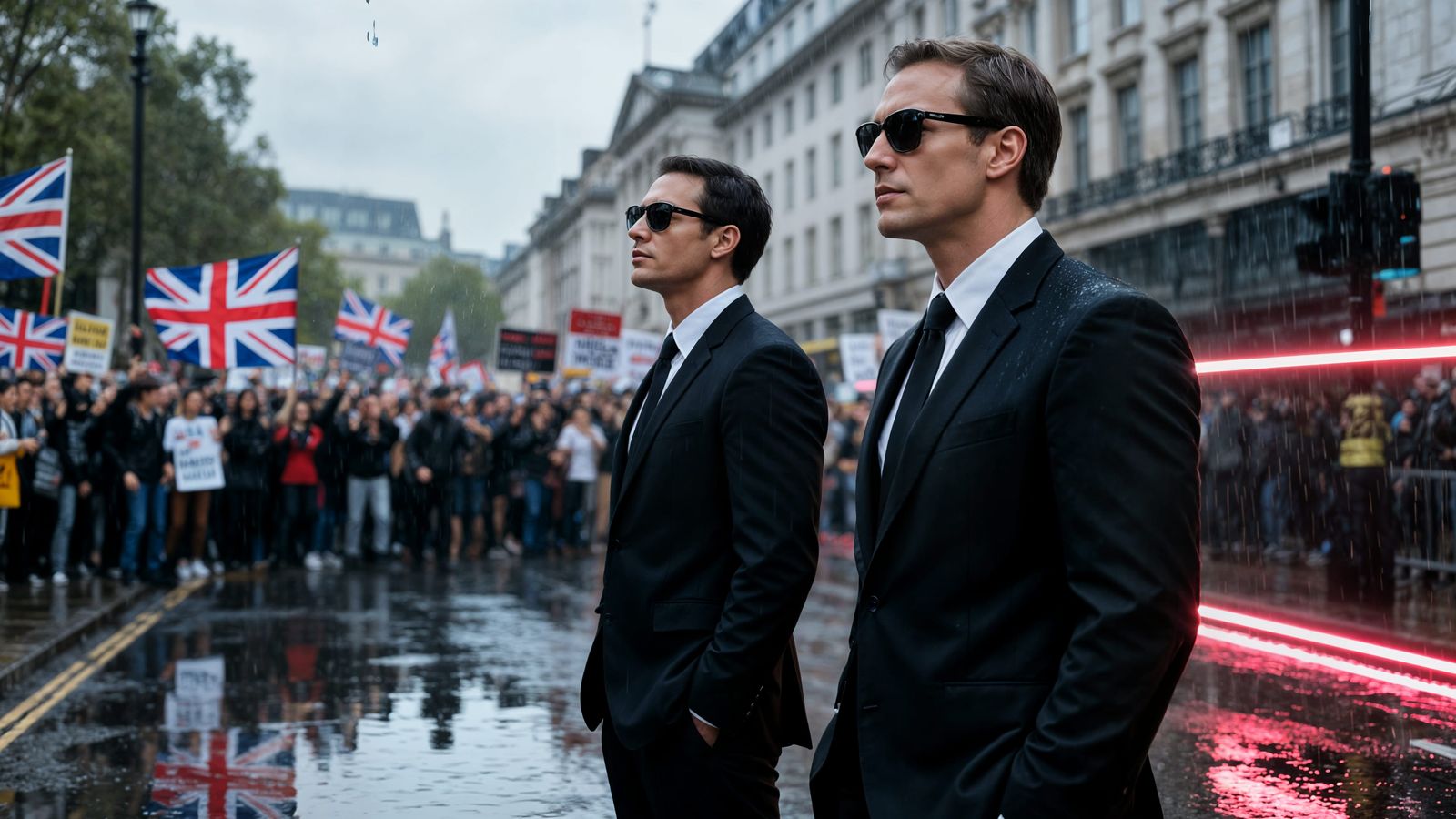 Men in Black Agents Watch Protest on Rainy London Street