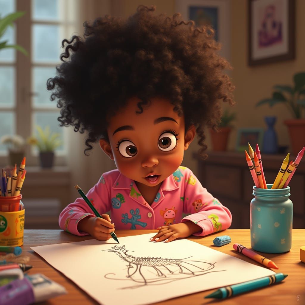 Joyful Black Girl Drawing: Animation Cel Style