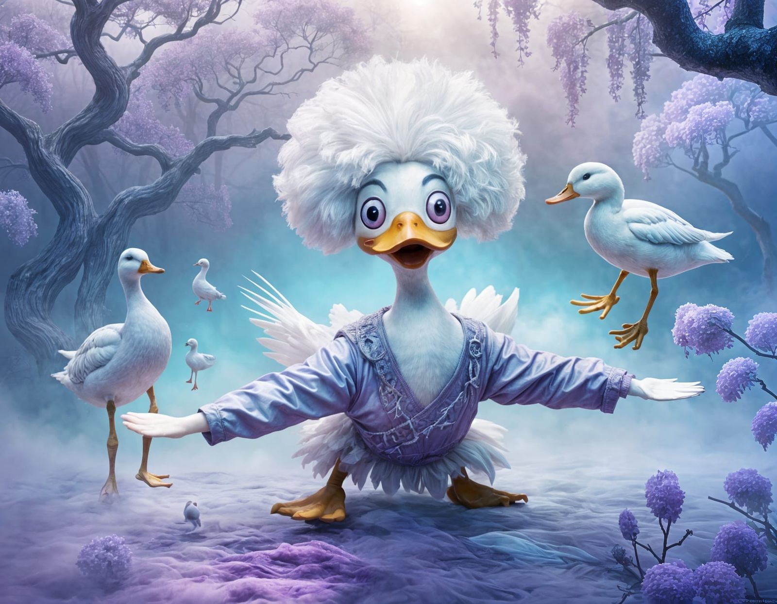 Duck in Wig with Gymnast in Fog