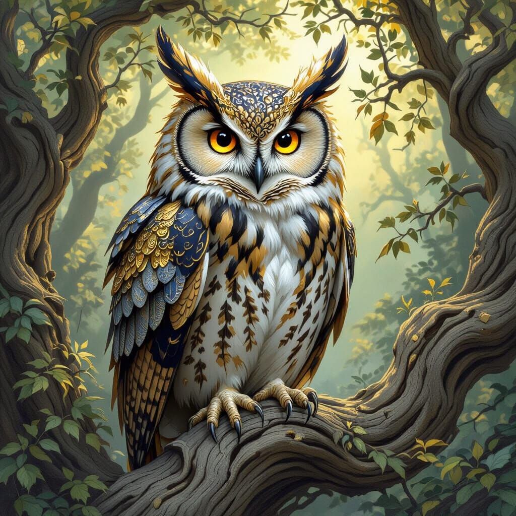 Wise Old Owl in Enchanted Forest, Fantasy Illustration
