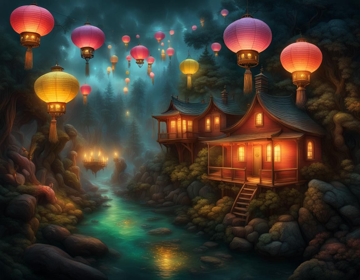Glowing Lanterns in Tranquil Landscapes: Digital Painting