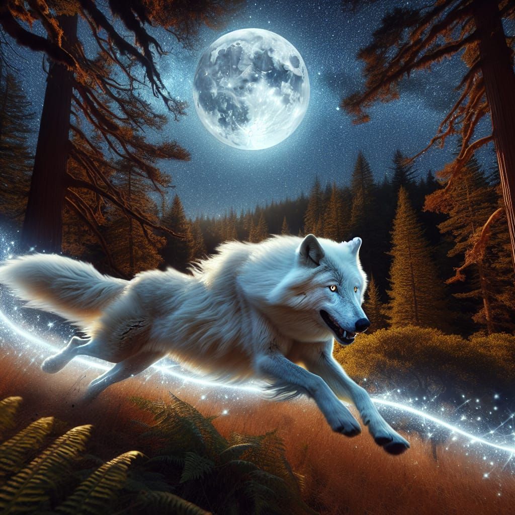 Starry Night with Majestic White Wolf in Moonlit Forest