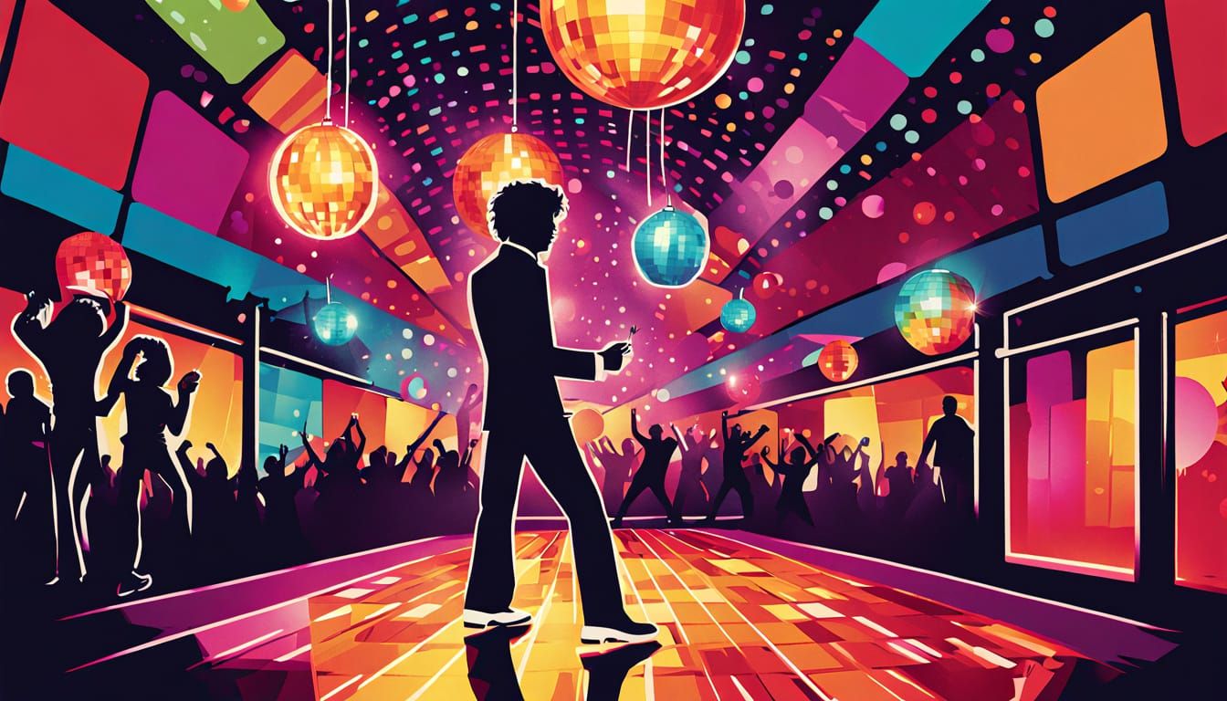 Vibrant Disco Dance Floor Scene in Bold Oil Painting Style